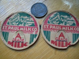 2 Minnesota Milk Cap,  Puritan Brand St.  Paul Milk Co W/pilgrim Couple Musket Lids