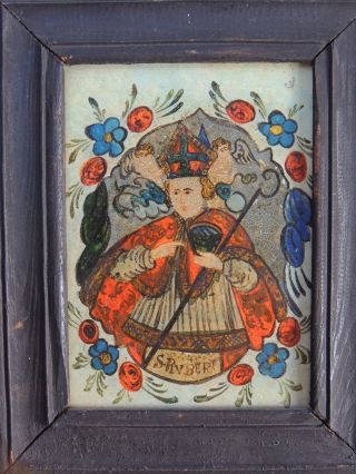 Reverse Painting On Glass: The Saintly Bishop,  Austrian Folk Art
