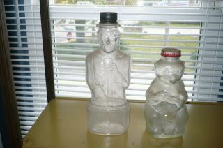 2 Vintage Glass Bottle Banks Lincoln Foods And Snow Crest Bear