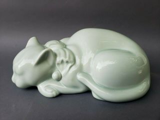 Large Japanese Porcelain Celadon Sleeping Cat Figure