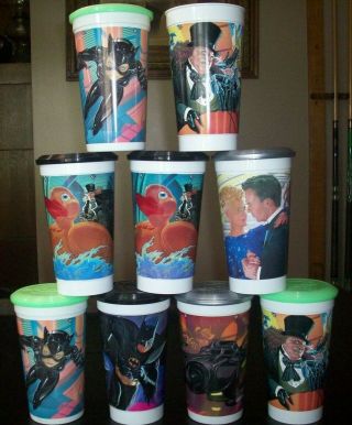 Batman Returns Mcdonalds Cups Comp Set,  Dupl W/frisbee Lids Coca Cola Coke 1992