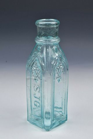 Cathedral Pickle Bottle In Aqua Signed S J C In Side Panel 19th Century