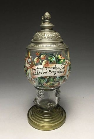 Antique German Pokal Form Enameled Glass Beer Stein Raspberries