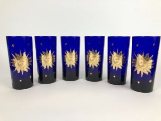 6 Culver Cobalt Blue Gold Gilt Celestial High Ball Glasses Sun