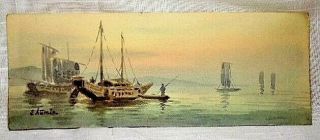 A Rare Antique Japanese (?) Fishing Boats Watercolor Painting By Artist Shumin