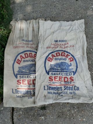 2 Vintage Badger Brand Seed Bags Farm Feed Alfalfa Corn Sack Milwaukee Wisconsin