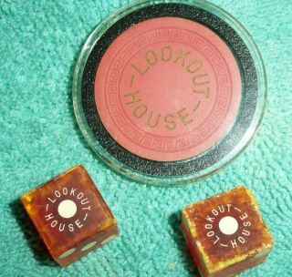 Vintage Illegal Dice W/ $5.  00 Poker Chip Lookout House Casino Covington Ky Mob