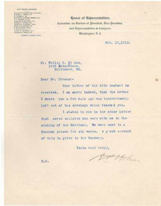 Typewritten Letter Signed By Richmond P.  Hobson In 1912 W/coa