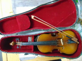 Vintage Salesman Sample 9 " Miniature Wooden Violin With Case & Mini Fiddle Retro