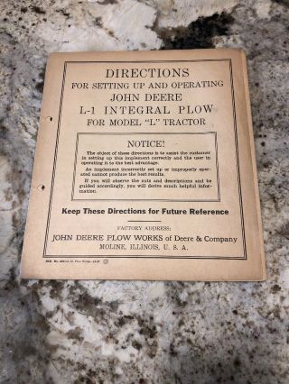 John Deere Plow L - 1 Integral Plow For Model L Tractor