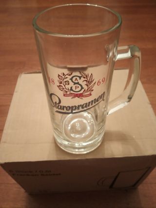 6 Staroprame 1869 Glass Beer Stein Mug Czech Republic Prague.  5 L Handle,  6 Each