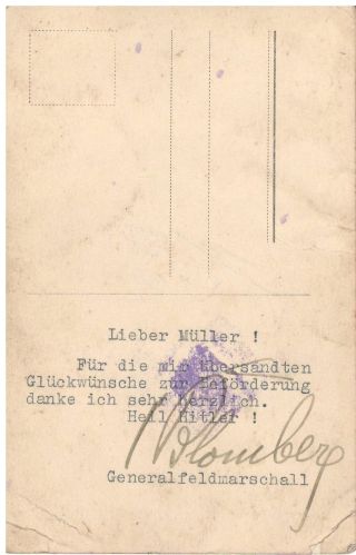 General Werner Von Blomberg,  3 " X 5 " B&w Photo Postcard Signed W/