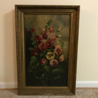 Antique 19th C.  Floral Still Life Of Flowers Oil On Canvas Painting