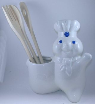1997 Pillsbury Doughboy Ceramic Kitchen Tool Holder With 3 Wooden Tools In