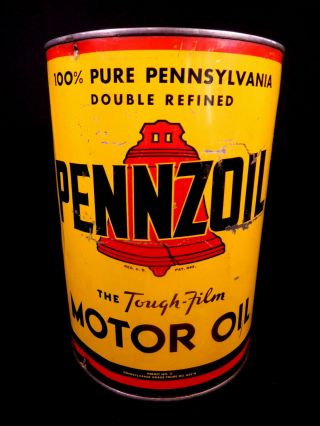Vintage Larger Sized 5 Quart Pennzoil Motor Oil Empty Metal Can