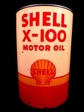 Vintage Shell X - 100 Motor Oil Empty Tin Larger 5 Quart Oil Can -