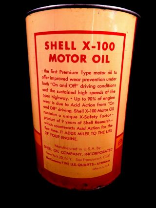 vintage SHELL X - 100 MOTOR OIL empty tin larger 5 quart oil can - 3