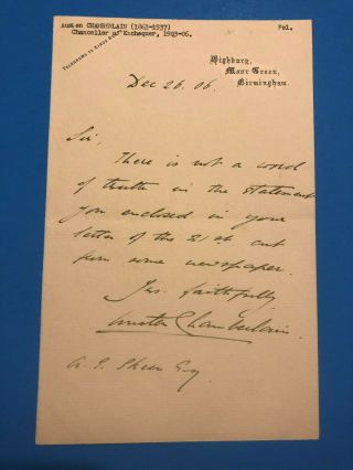 Sir Joseph Austen Chamberlain (nobel Peace Prize1925) Autographed Letter Signed