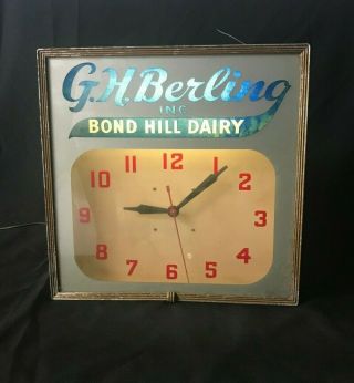 G.  H.  Berling " Bond Hill Dairy " Wall Clock Light Up Sign