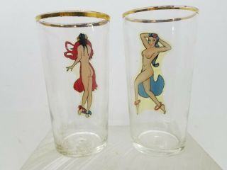 2 Vintage Nude Peek a Boo Naked Lady Glass Hula Hawaii Risque Dancers 2