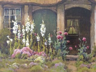 Hollyhocks,  Country Cottage,  American Artist H.  A.  Dyer C.  1930