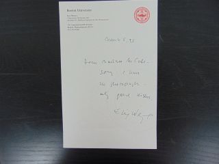 " Nobel Peace Prize " Elie Wiesel Hand Written Letter Todd Mueller