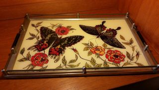 Antique Art Deco Reverse Painted Glass Cocktail Serving Tray Butterflies Roses