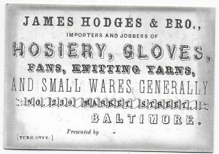 1850 Hodges & Bro Hosiery Gloves Fans Yarns Baltimore Md Coated Stock Trade Card