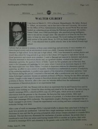 " Nobel Prize In Chemistry " Walter Gilbert Hand Signed Bio Page Todd Mueller