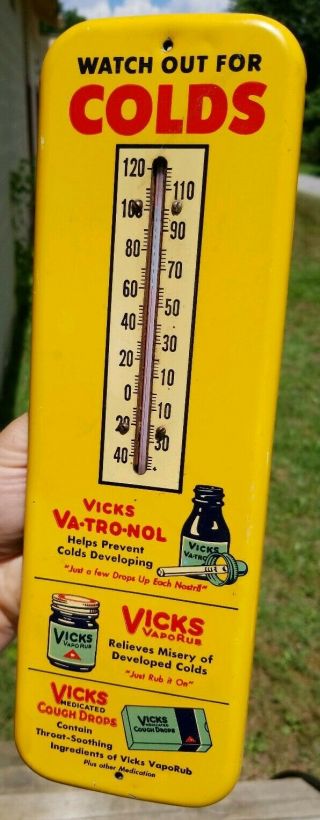 Vicks Metal Advertising Thermometer Cough Drops Vapo Rub Gas & Oil Sign Medicine