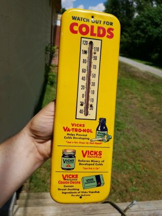 VICKS Metal Advertising Thermometer COUGH DROPS VAPO RUB Gas & Oil Sign Medicine 6