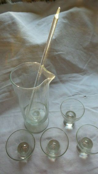 Vintage Clear Glass Martini Pitcher With Spout With Stirrer And 4 Glasses