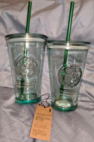 Two Starbucks Recycled Green Glass,  16oz Tumbler With
