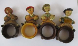Anri Italy Carved Wood Napkin Rings 4 Pc 1940s Bobble Head Antique Table Setting