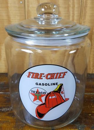 Fire Chief Gasoline Texaco Firefighter Hat Logo Glass Kitchen Counter Jar W/ Lid