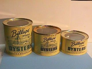 3 Cans Pint,  12 Oz & 8 Oz.  Billups Brand Oysters Tin Oyster Can Mathews Va 464