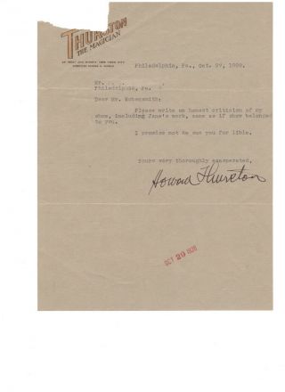 Thurston The Magician Signed Autographed Letter On His Letterhead 1928