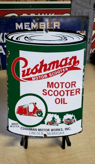 Cushman Motor Scooter Oil Porcelain Sign Can Shape Display Vintage Dealer
