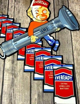 Vintage Eveready Battery Metal Die - Cut Advertising Sign Cartoon Flashlight Guy