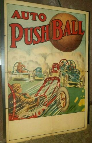 AUTO PUSHBALL POSTER MOTOR DROME WALL OF DEATH AUTO THRILL SHOW 1920S LITHO 2