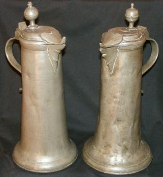 Very Rare Pair Antique 18th C German Pewter Communion Flagon / Stein Dated