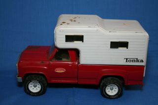 Vintage Tonka Truck With Camper,  14 Inches Long,  Red & White