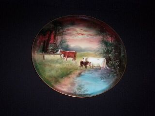 Antique French Tray Plate Pastoral Cattle Cows At River Signed Warth Or Worth