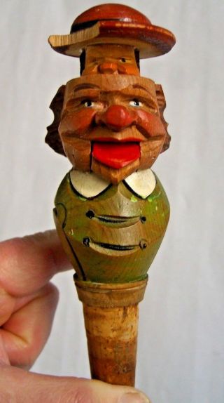 Vintage Wooden Hand Carved Man W Movable Hat Tongue Bottle Stopper Topper Cork