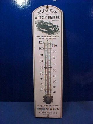 1920s Auto Slip Cover Co Wood Advertising Thermometer W Early Car Image