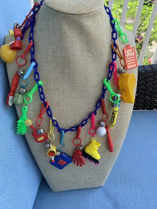 Vintage 80’s Plastic Bell Charm Necklace Retro Party Notebook Hand 1980