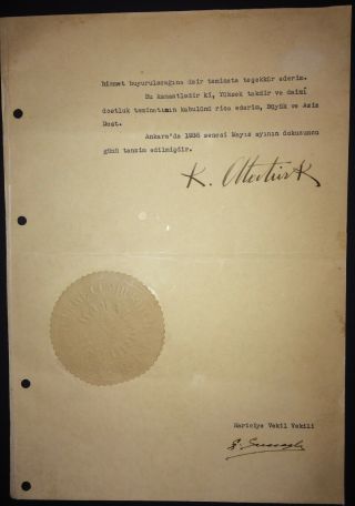 1936 Turkey Republic Signed Letter by MUSTAFA KEMAL ATATURK as First President 3