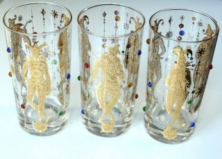 3 Culver Mardi Gras Harlequin Gold Bejeweled Cocktail Glasses Tumblers 5 - 1/2 " Ex