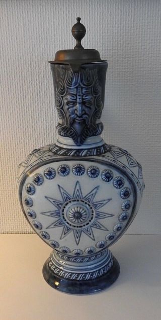 Antique German Kpm Porcelain Blue Beer Stein Tankard Bartmann Character Face Old