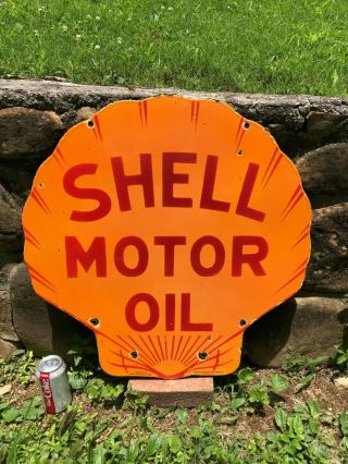 " Shell Motor Oil " Large,  Heavy Double Sided Porcelain Dealer Sign,  (dated 1931)